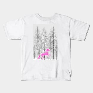 pink unicorn in snowing forest watercolor Kids T-Shirt